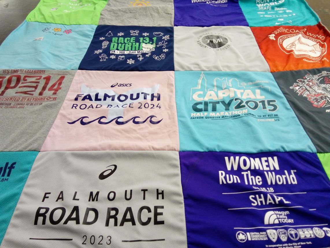 T-shirt quilt with running, marathons themes by Jane from MA