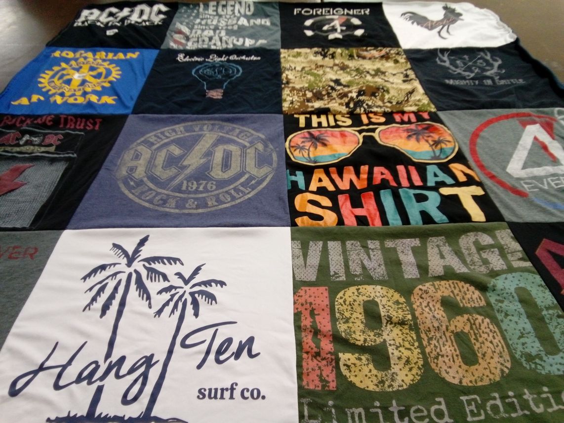 T-shirt quilt with music, surfing themes by Sara from CA