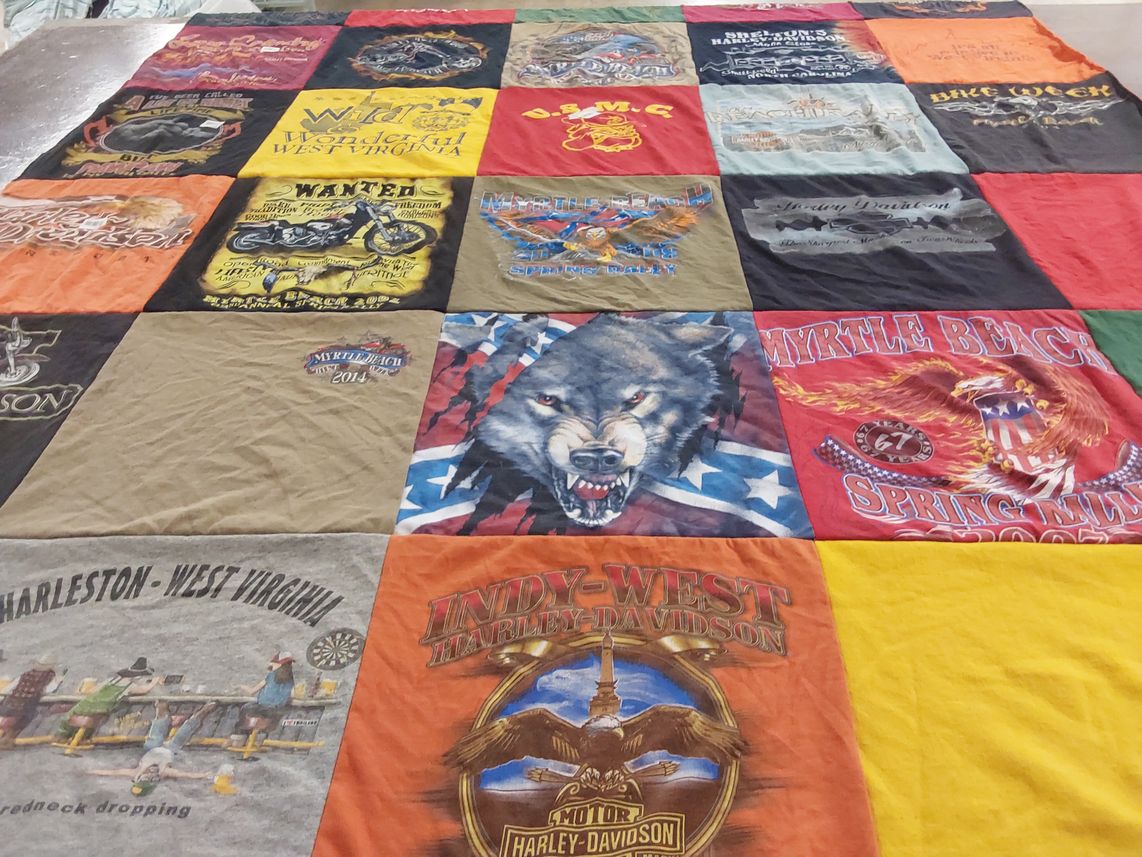 T-shirt quilt with motorcycles, biking themes by Leland from SC