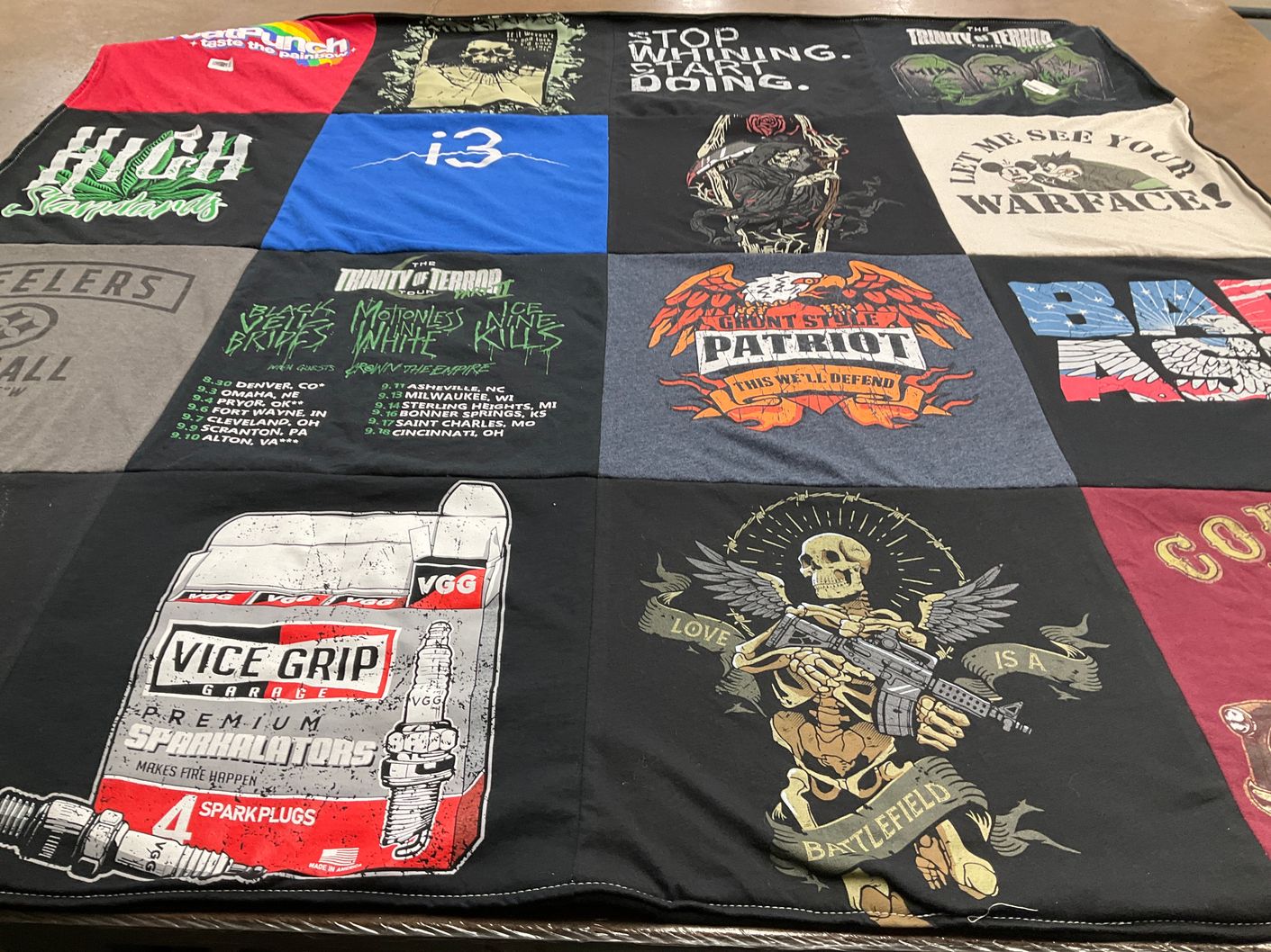 T-shirt quilt with music, cars themes by Billie from PA