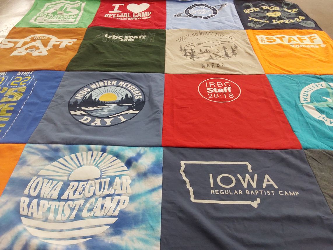 T-shirt quilt with camping, outdoors themes by Julie from IA