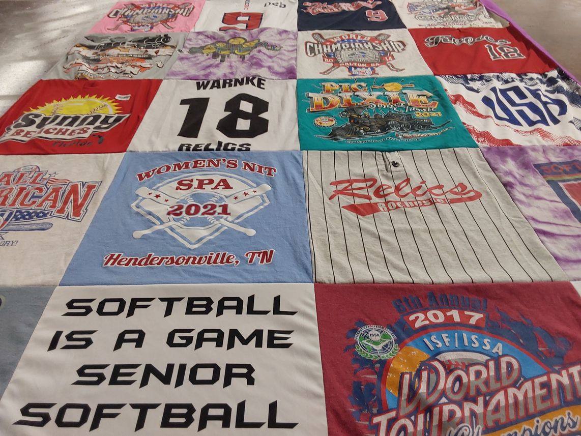 T-shirt quilt with softball, sports themes by Debra from MN