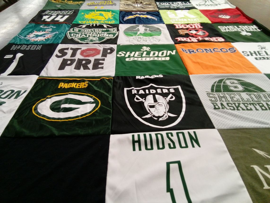 T-shirt quilt featuring green bay packers, las vegas raiders by Jill from OR