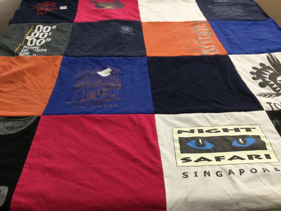 T-shirt quilt with travel, sightseeing themes by Andrea from OH