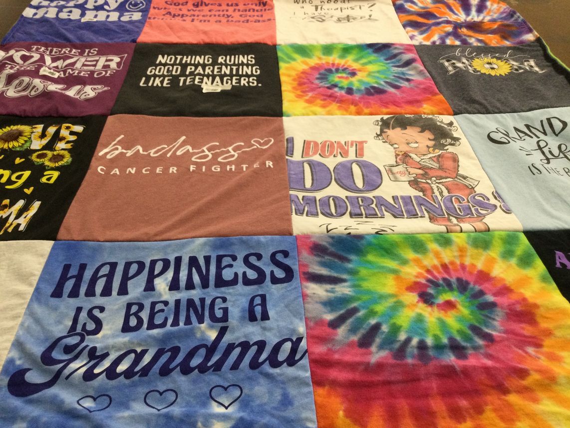 T-shirt quilt with family, positivity themes by patty from IA