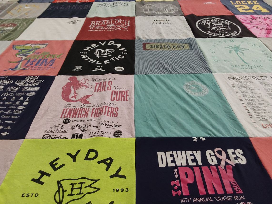 T-shirt quilt with fundraising, beach activities themes by Amanda from DE
