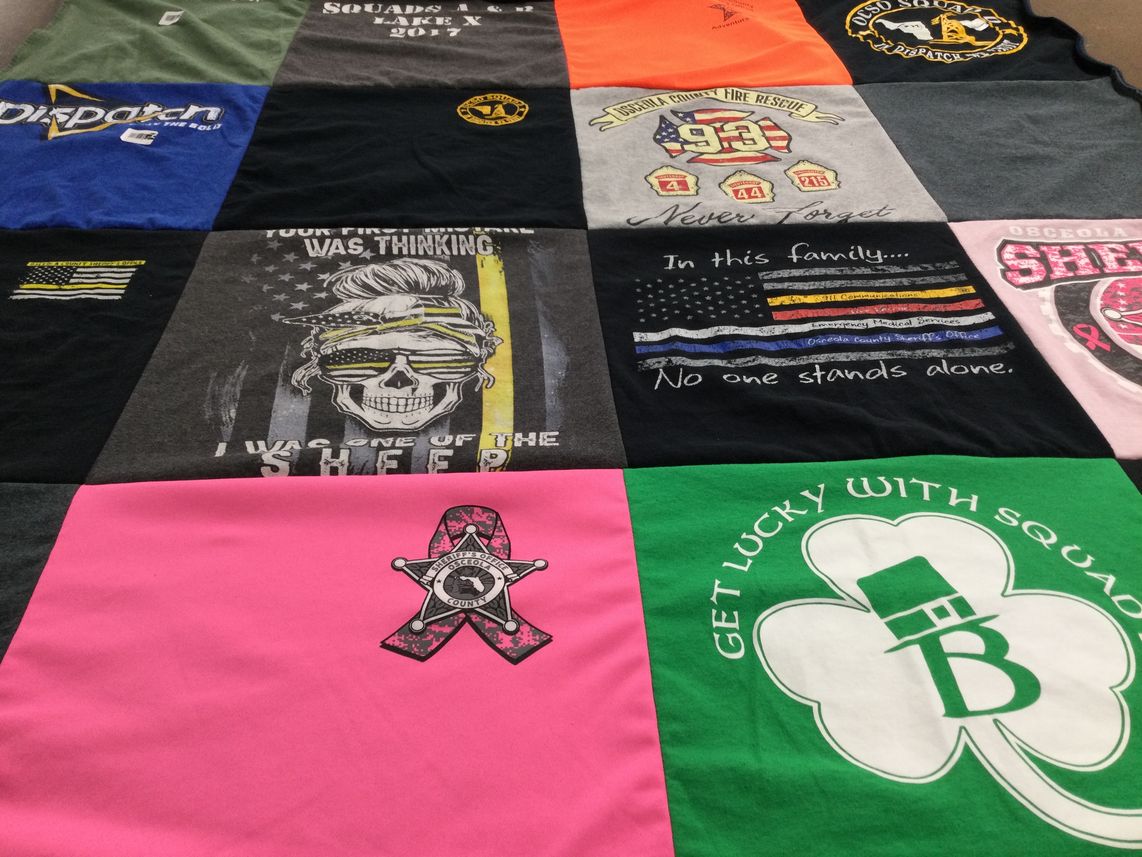 T-shirt quilt with fire service, first responders themes by Jill from FL