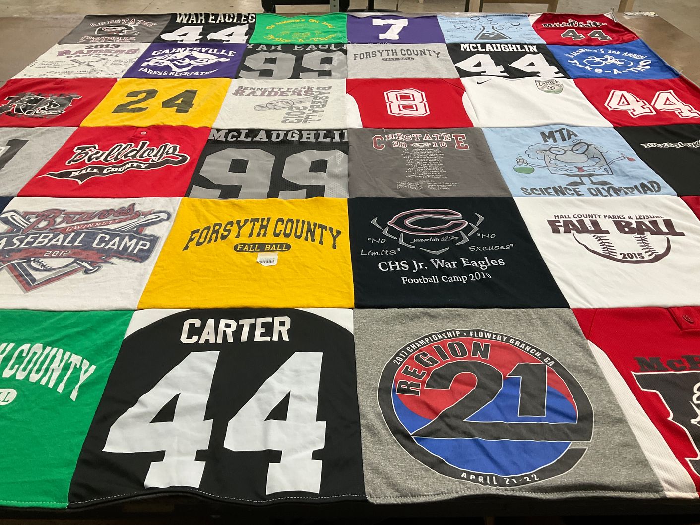 T-shirt quilt featuring forsyth county war eagles, braves baseball camp by Dawn from GA