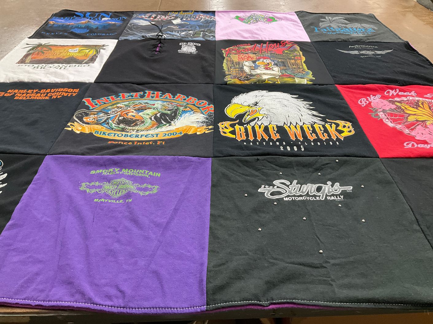 T-shirt quilt with motorcycling, biking themes by Deborah from NY