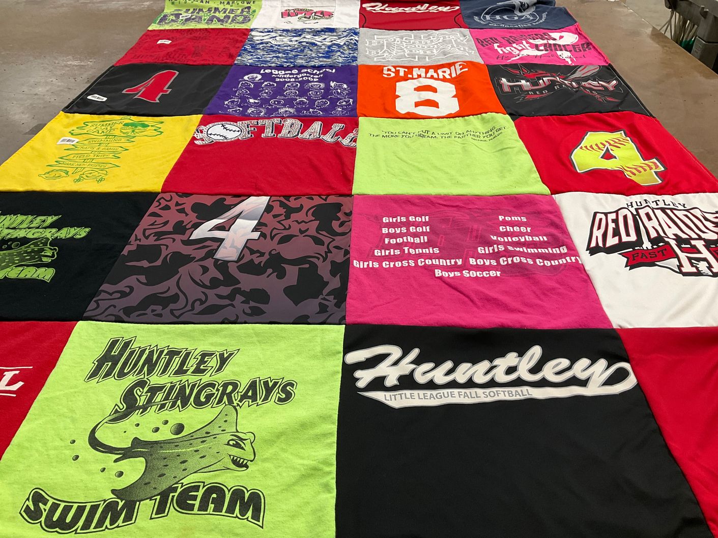 T-shirt quilt featuring huntley stingrays swim team, huntley red raiders by Mike from FL