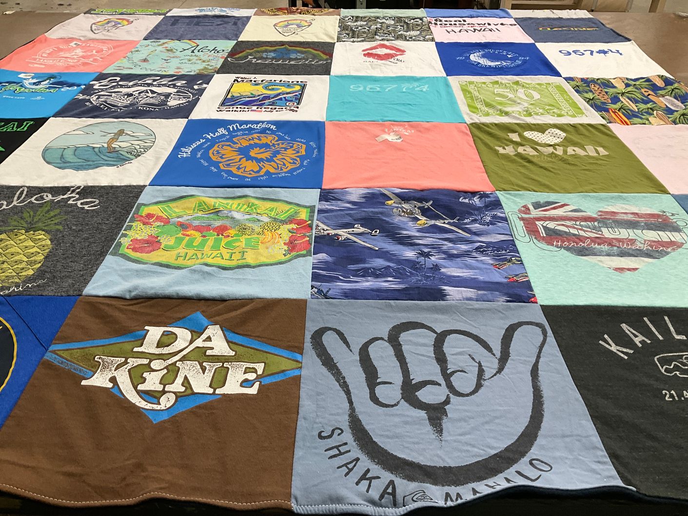 T-shirt quilt with hawaiian culture, beach themes by Elizabeth from TX