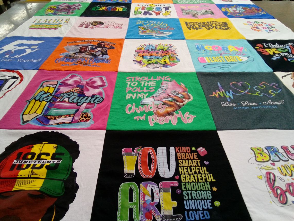 T-shirt quilt with education, autism awareness themes by Latoria from AR
