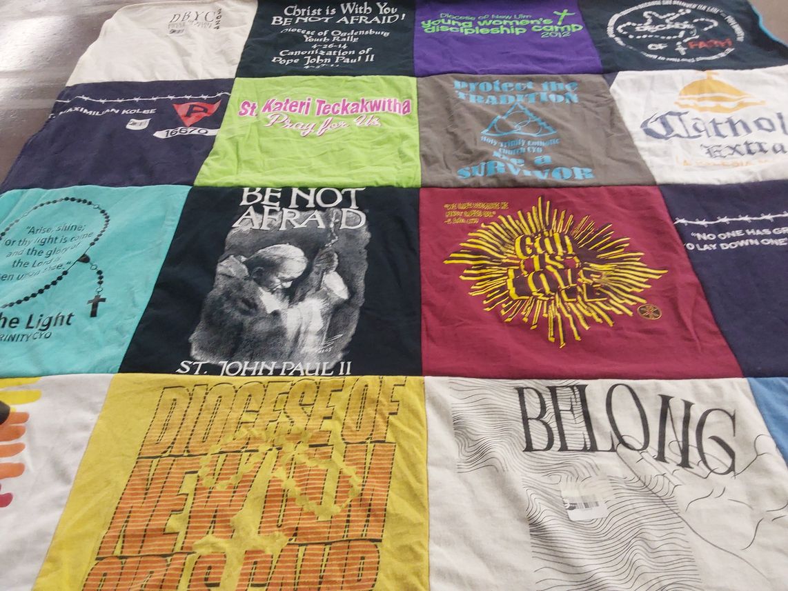 T-shirt quilt with catholicism, spirituality themes by Kelly from OH