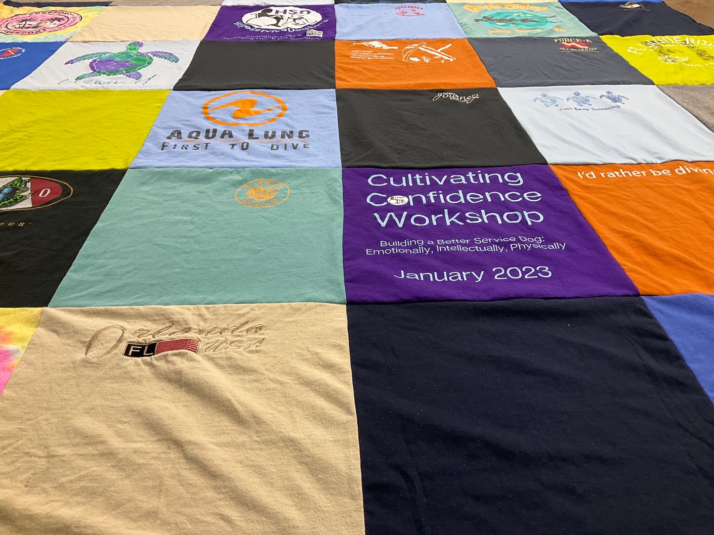 T-shirt quilt with diving, service dogs themes by Randal from IN