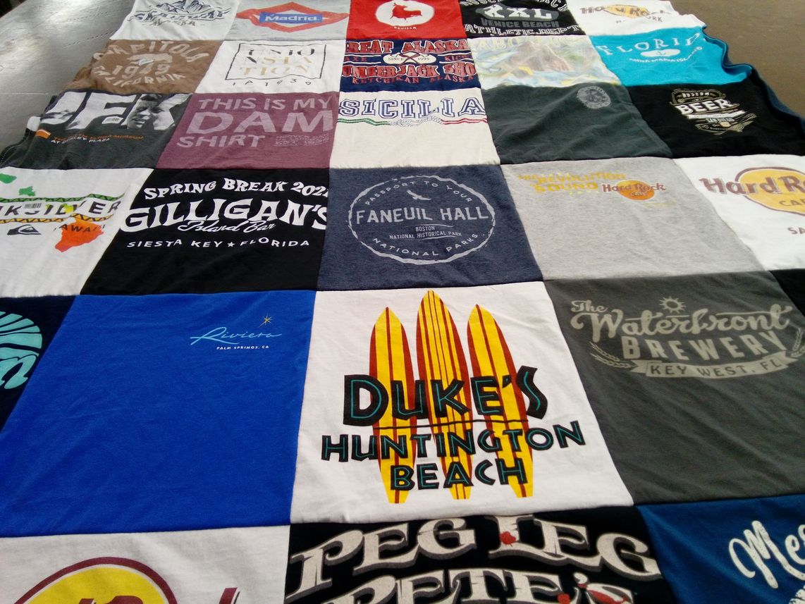 T-shirt quilt with travel, beach themes by Gary from CA