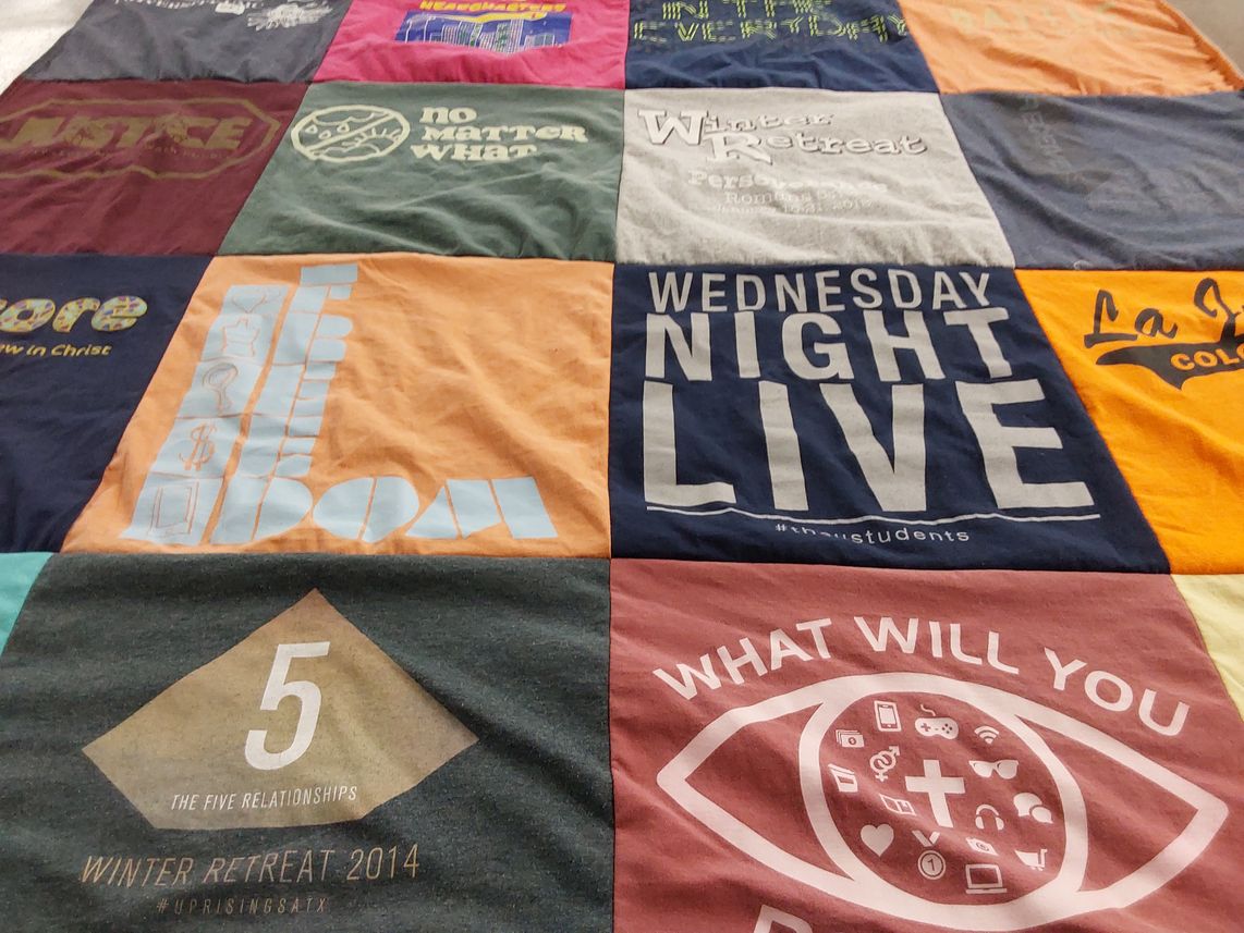 T-shirt quilt with faith, youth ministry themes by Carrie from TX