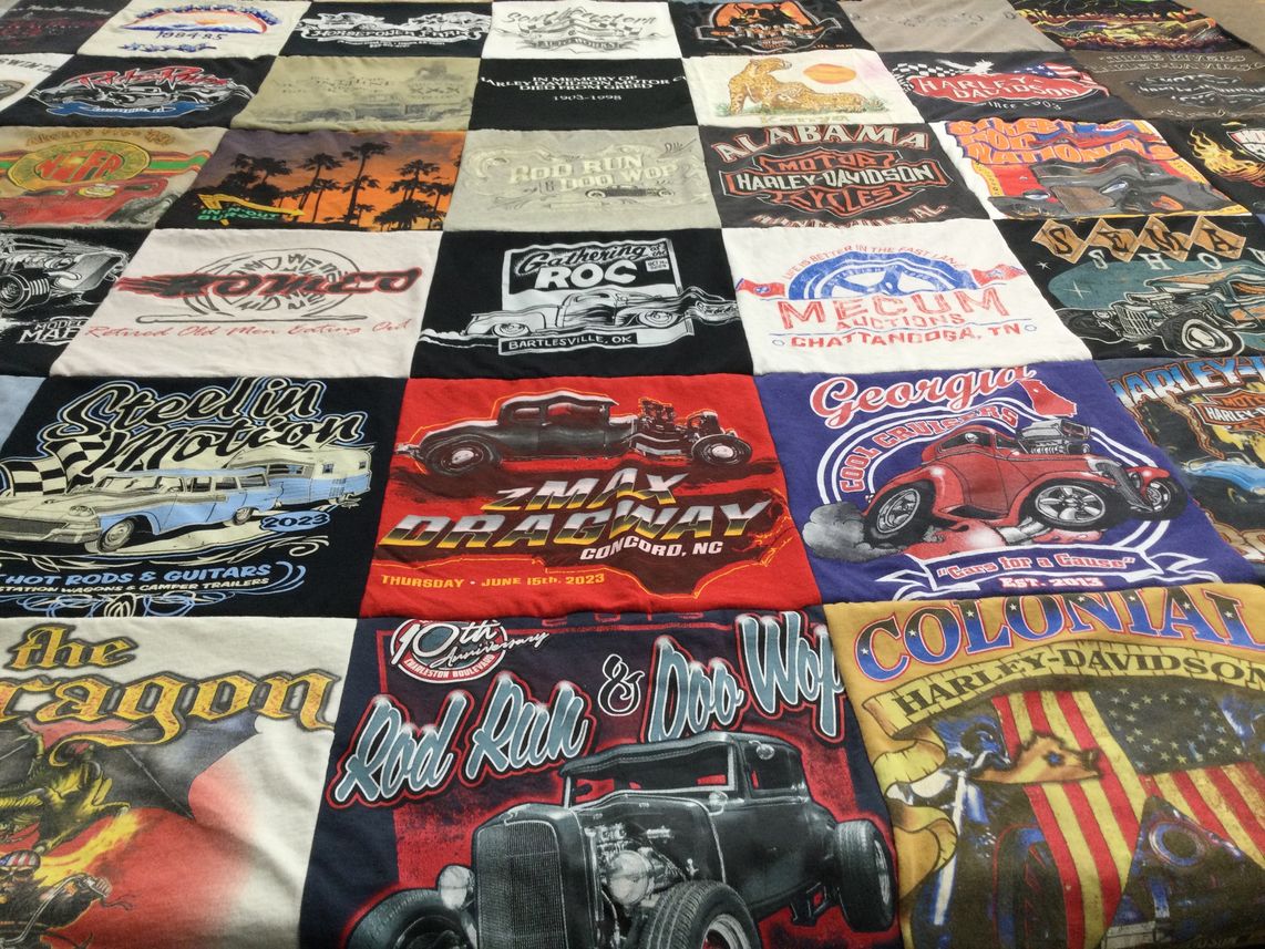 T-shirt quilt with hot rods, car shows themes by David from GA