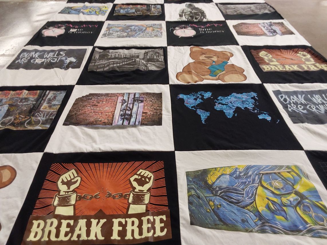 T-shirt quilt with art, graffiti themes by Karen from FL