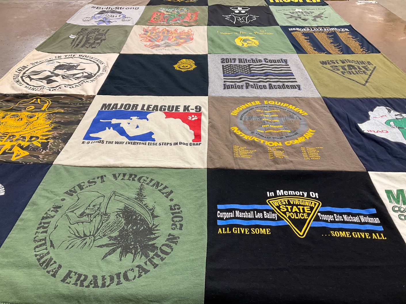 T-shirt quilt with law enforcement, k-9 training themes by Chris from WV