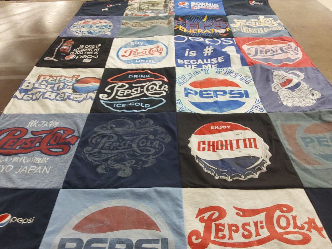 T-shirt quilt with beverages, soft drinks themes by Tracy from SC
