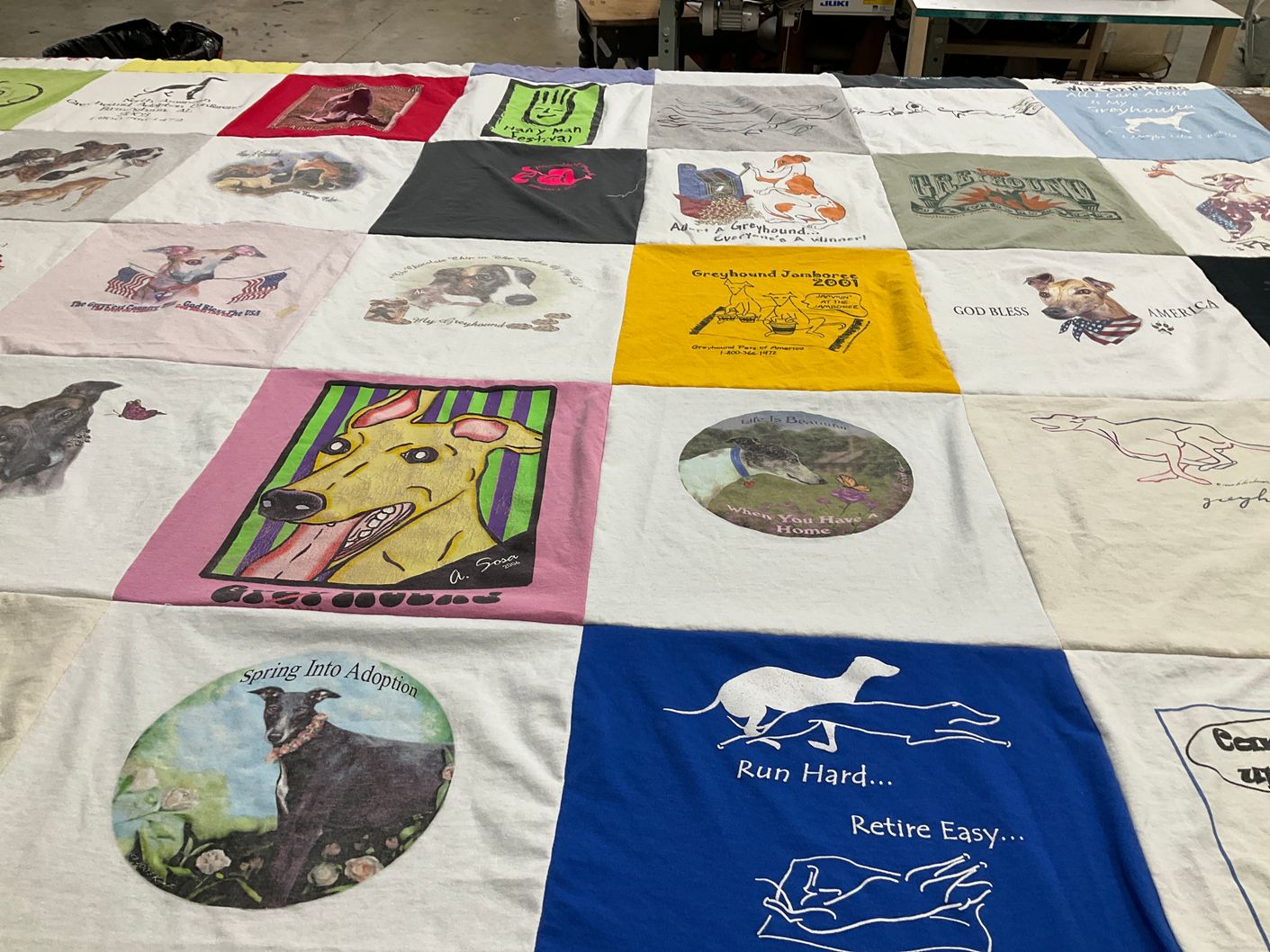 T-shirt quilt with dogs, animal rescue themes by Michele from NY