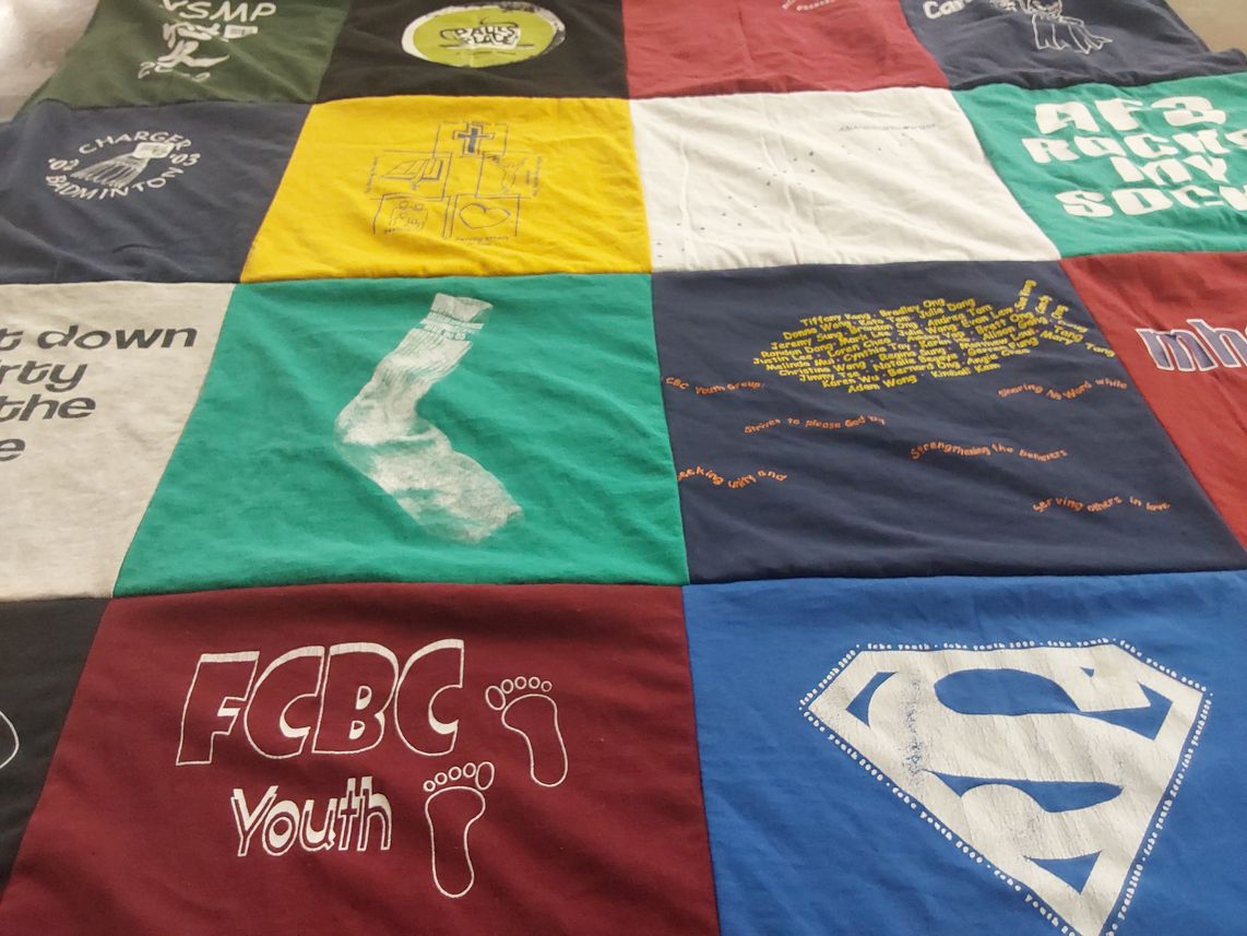T-shirt quilt with sports, youth activities themes by Ashley from AZ