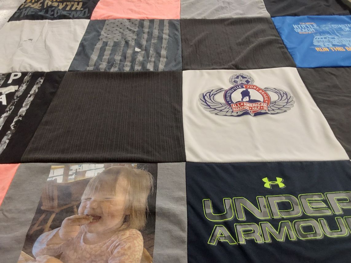 T-shirt quilt with running, marathons themes by Toni from NC