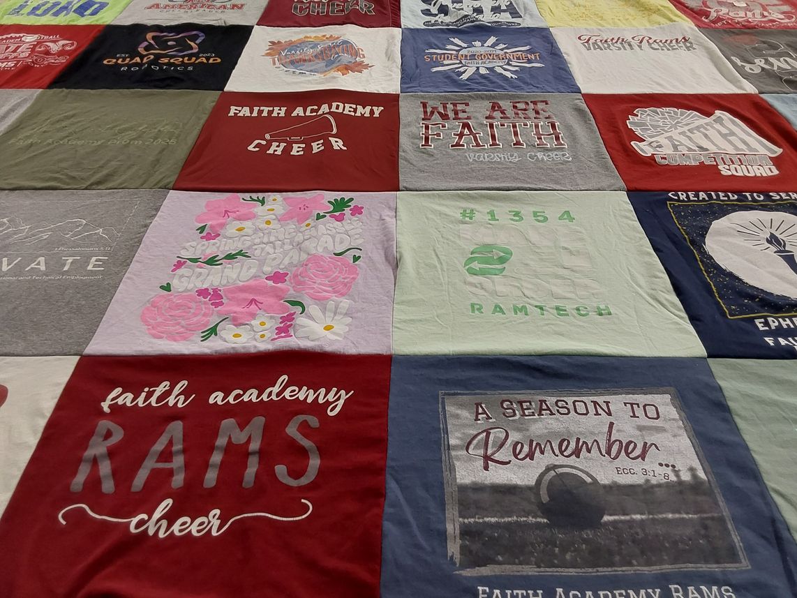 T-shirt quilt featuring faith academy rams by Kelly from AL