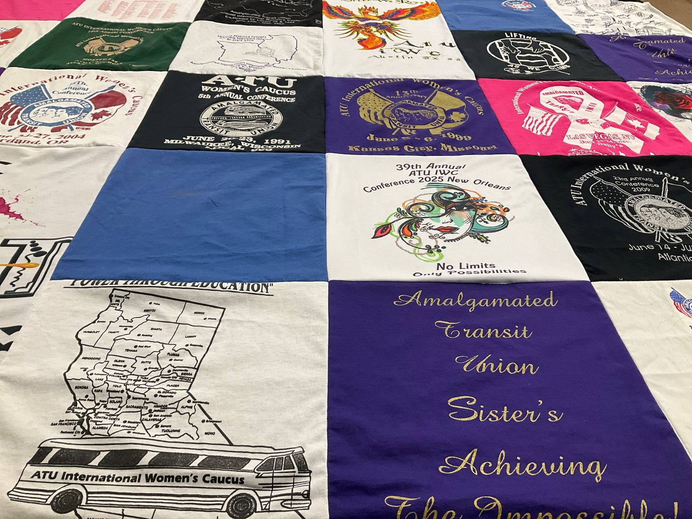 T-shirt quilt with women's rights, labor rights themes by Marilyn from IL