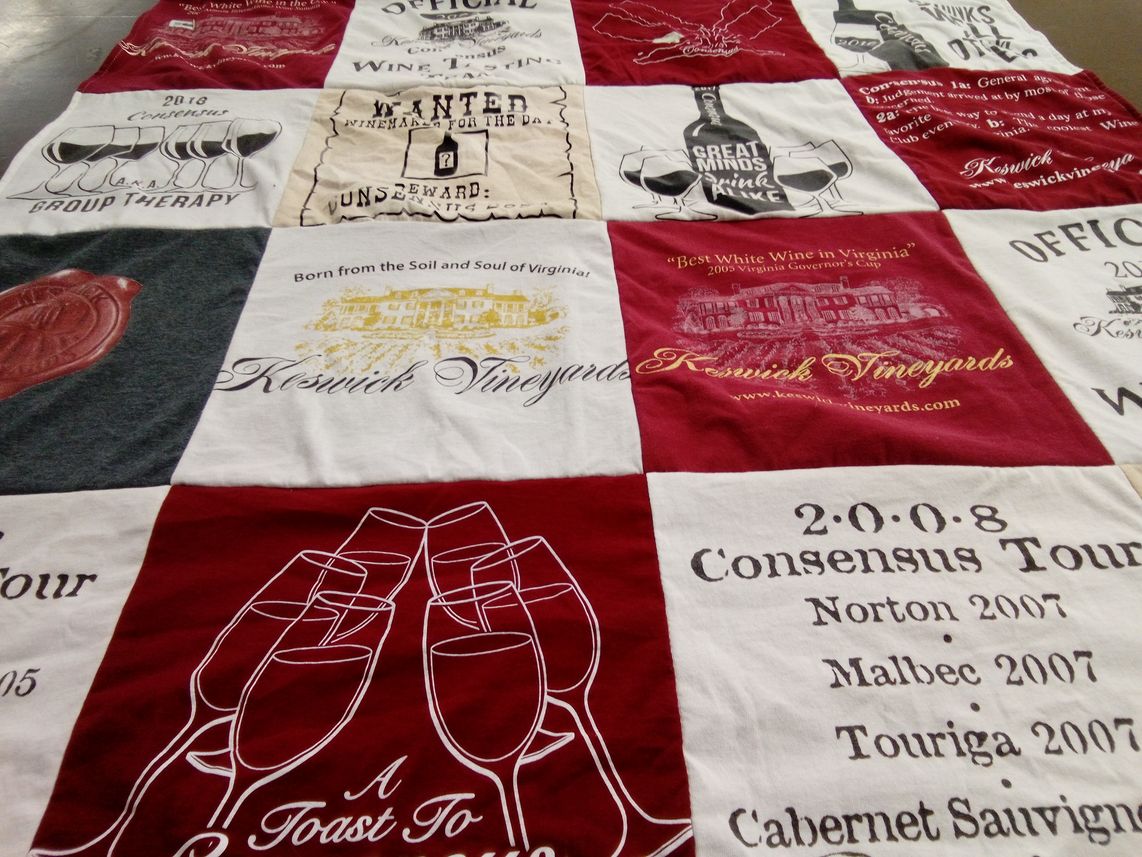 T-shirt quilt with wine tasting, viniculture themes by Cindy from VA