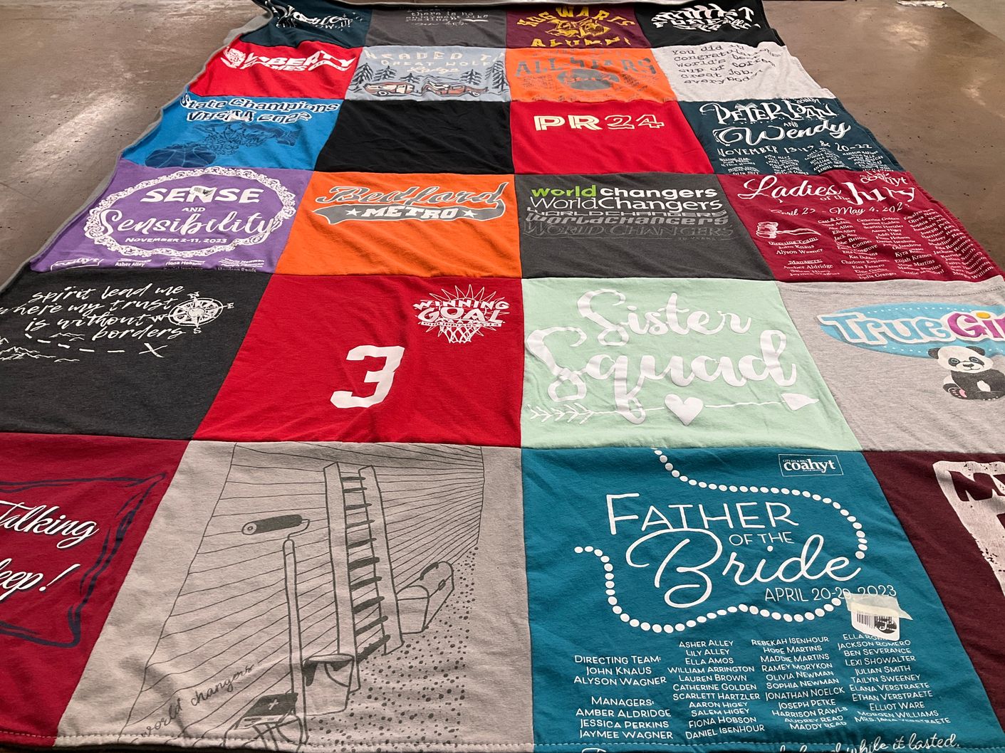T-shirt quilt with theater, sports themes by Katrina from VA