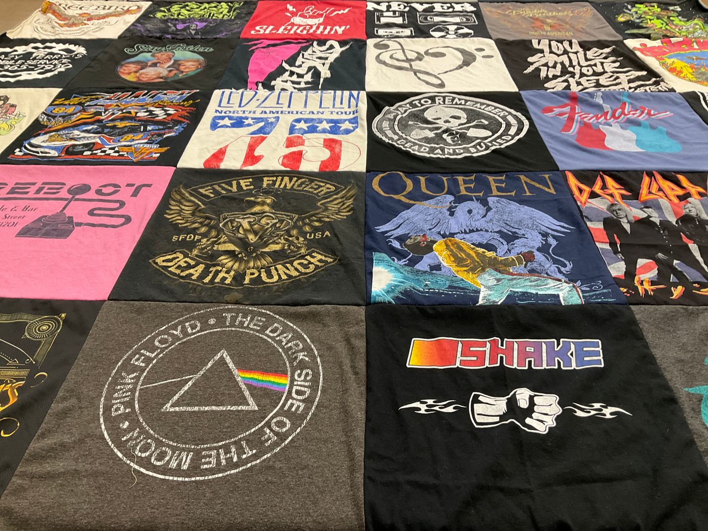 T-shirt quilt with music, bands themes by Samantha from GA
