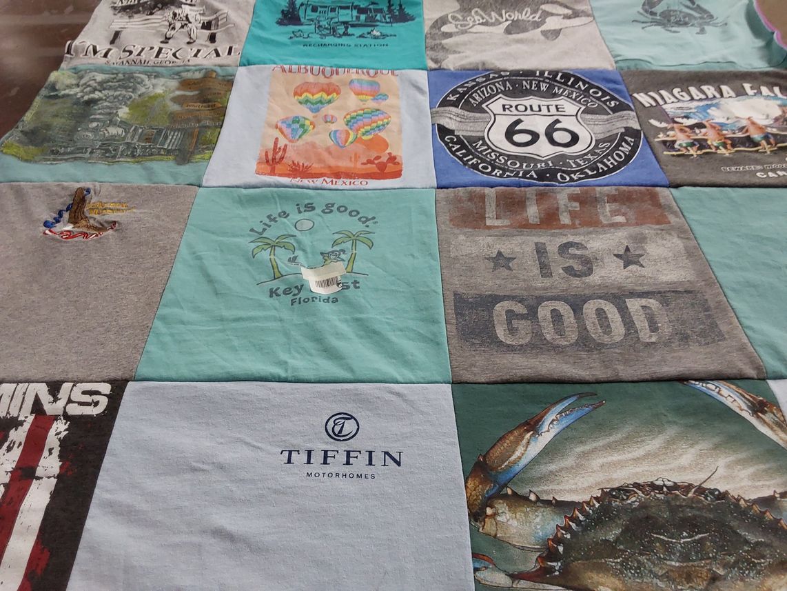 T-shirt quilt with travel, outdoors themes by Linda from VA