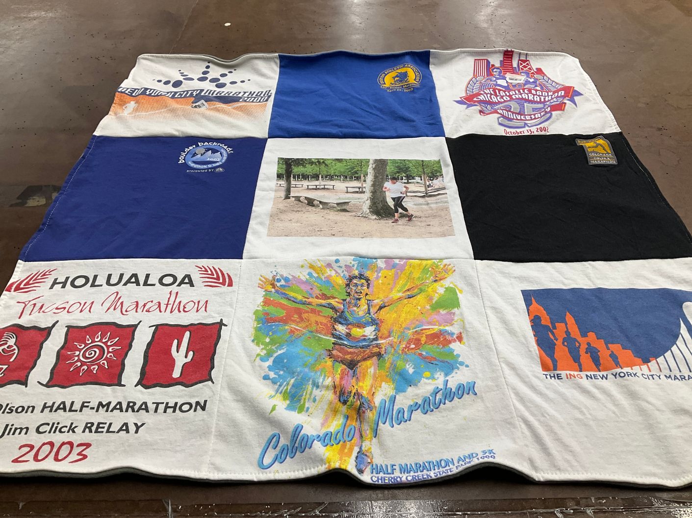 T-shirt quilt with running, marathons themes by Leslie from CO