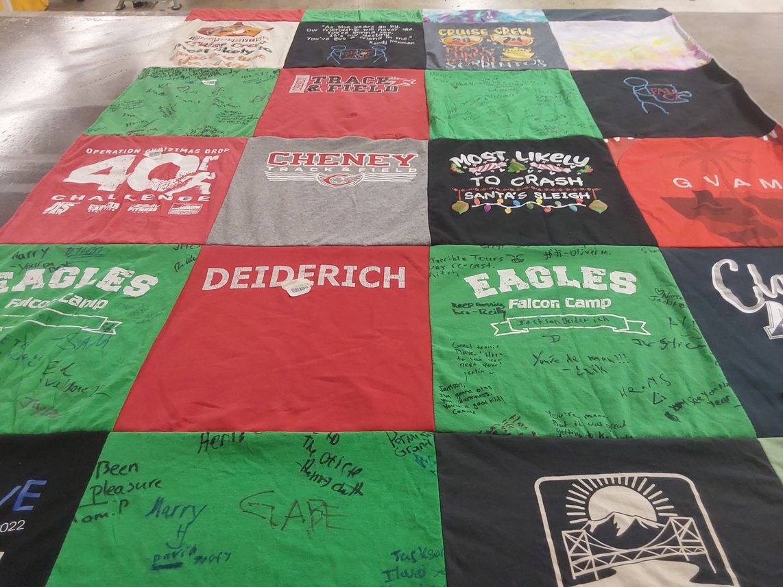T-shirt quilt with community, friends themes by Jennifer from CO