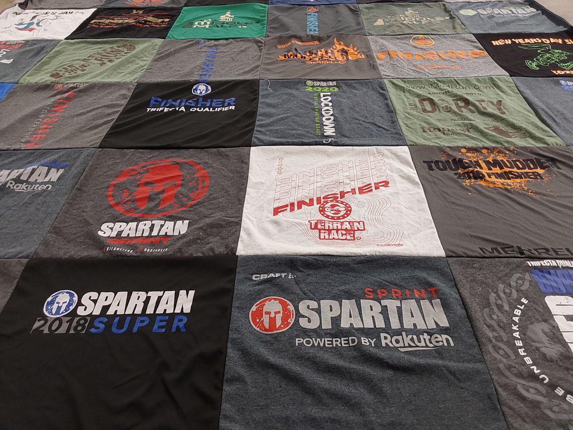 T-shirt quilt with obstacle course racing, fitness themes by Roger from TN