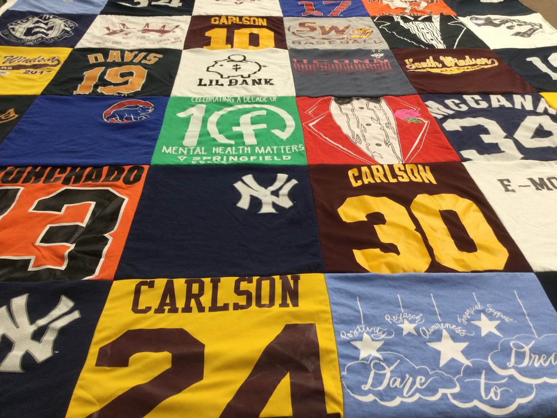 T-shirt quilt with baseball, mental health awareness themes by Debra from CT
