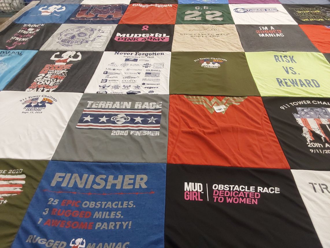 T-shirt quilt with obstacle races, fitness themes by G from AZ