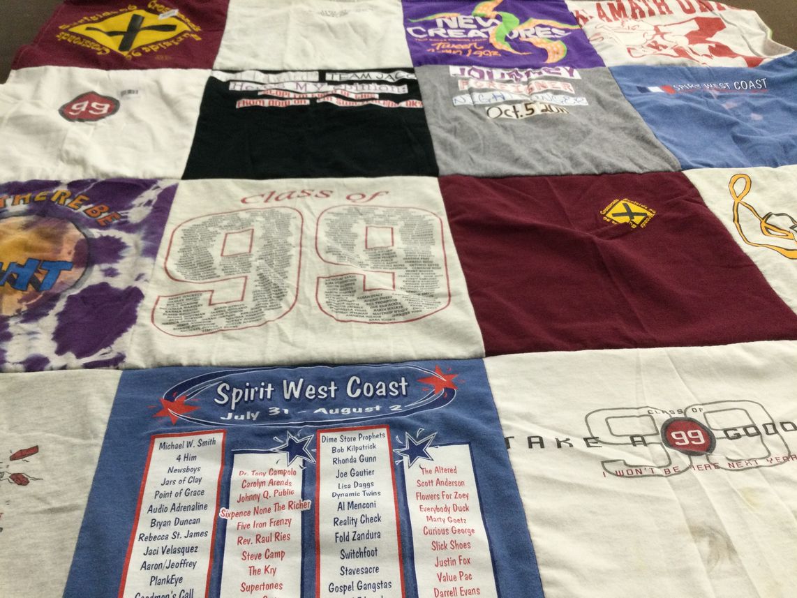 T-shirt quilt with music, youth ministry themes by AMANDA from CA