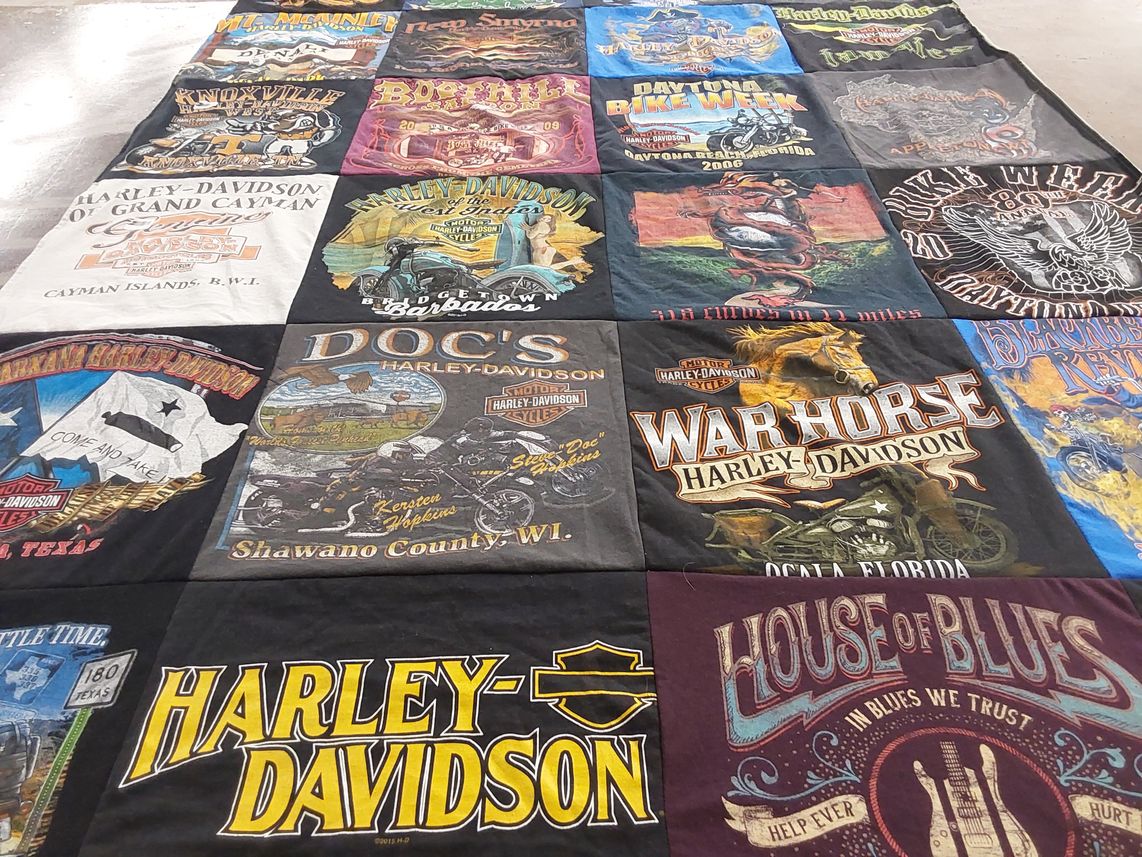 T-shirt quilt with motorcycles, music themes by Larry from TN