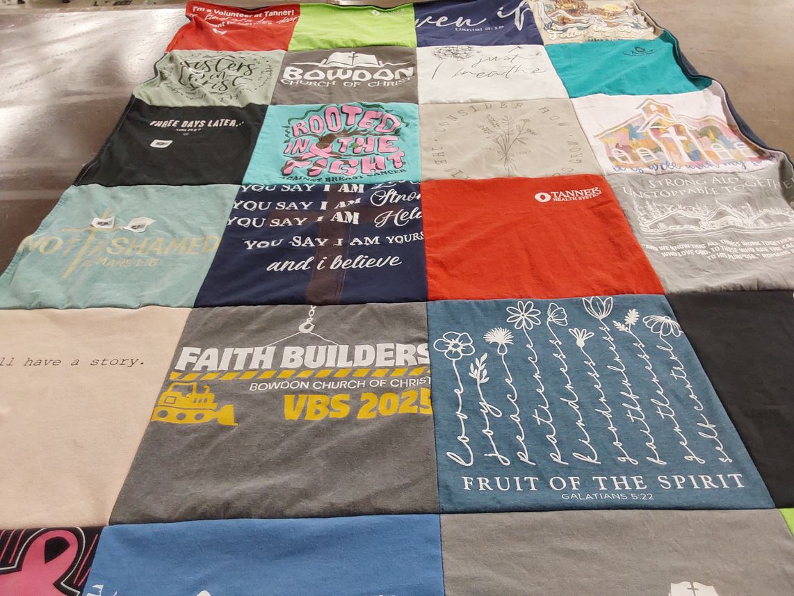 T-shirt quilt with faith, community themes by Cathy from GA