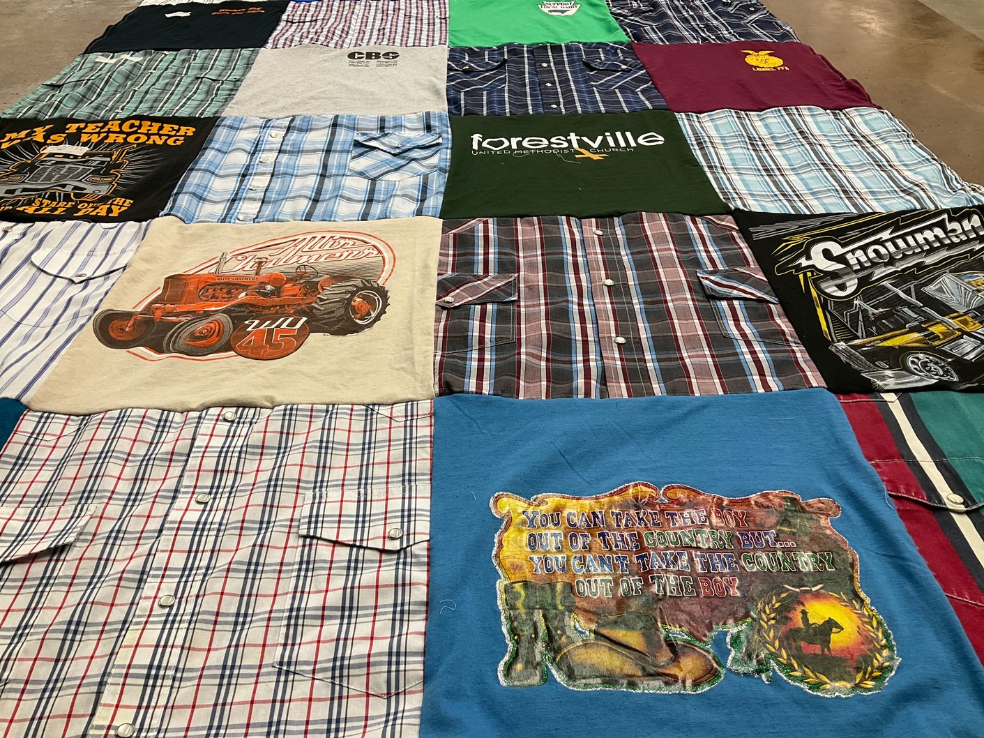 T-shirt quilt with farming, country life themes by Carol from PA