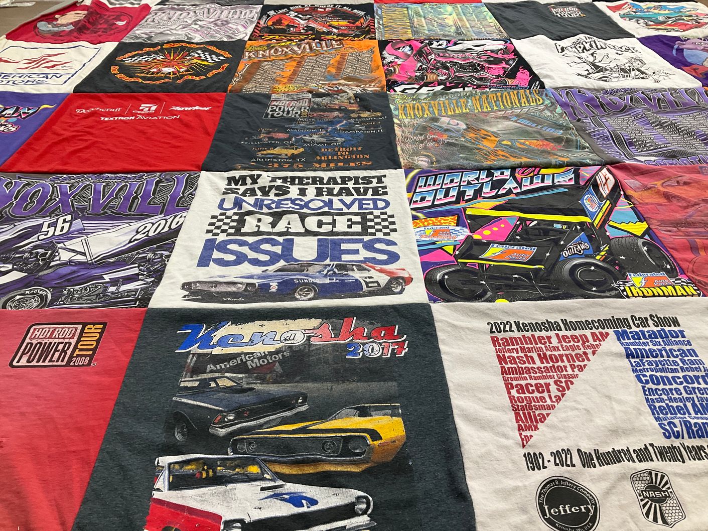 T-shirt quilt with motorsports, racing themes by karri from KS