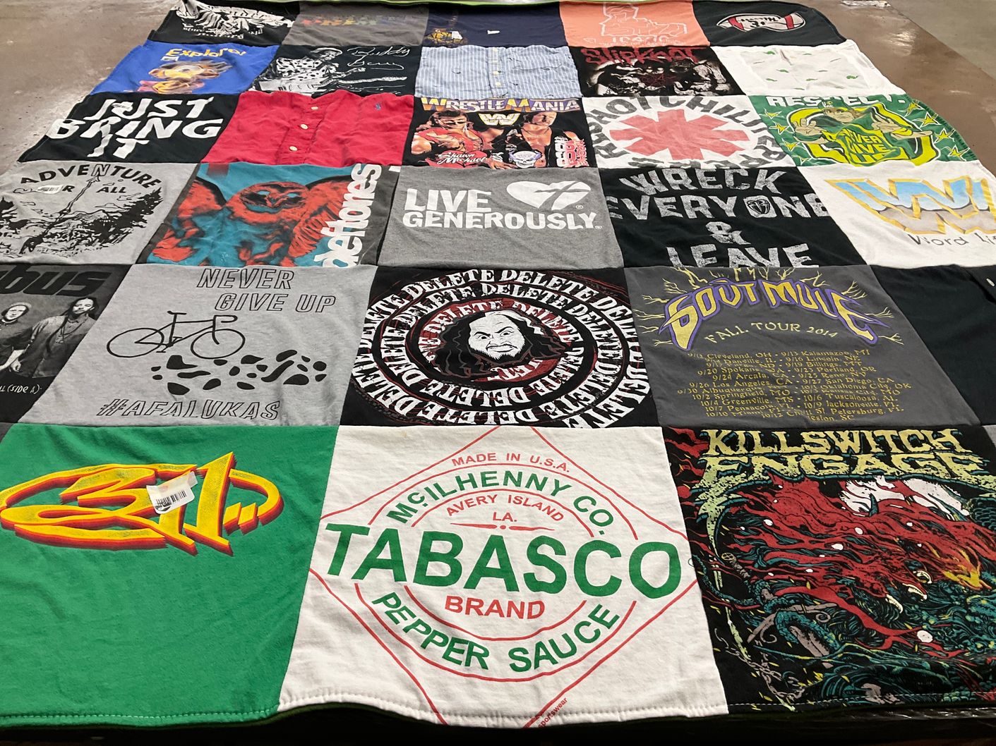 T-shirt quilt with music, adventure themes by Justin from NE