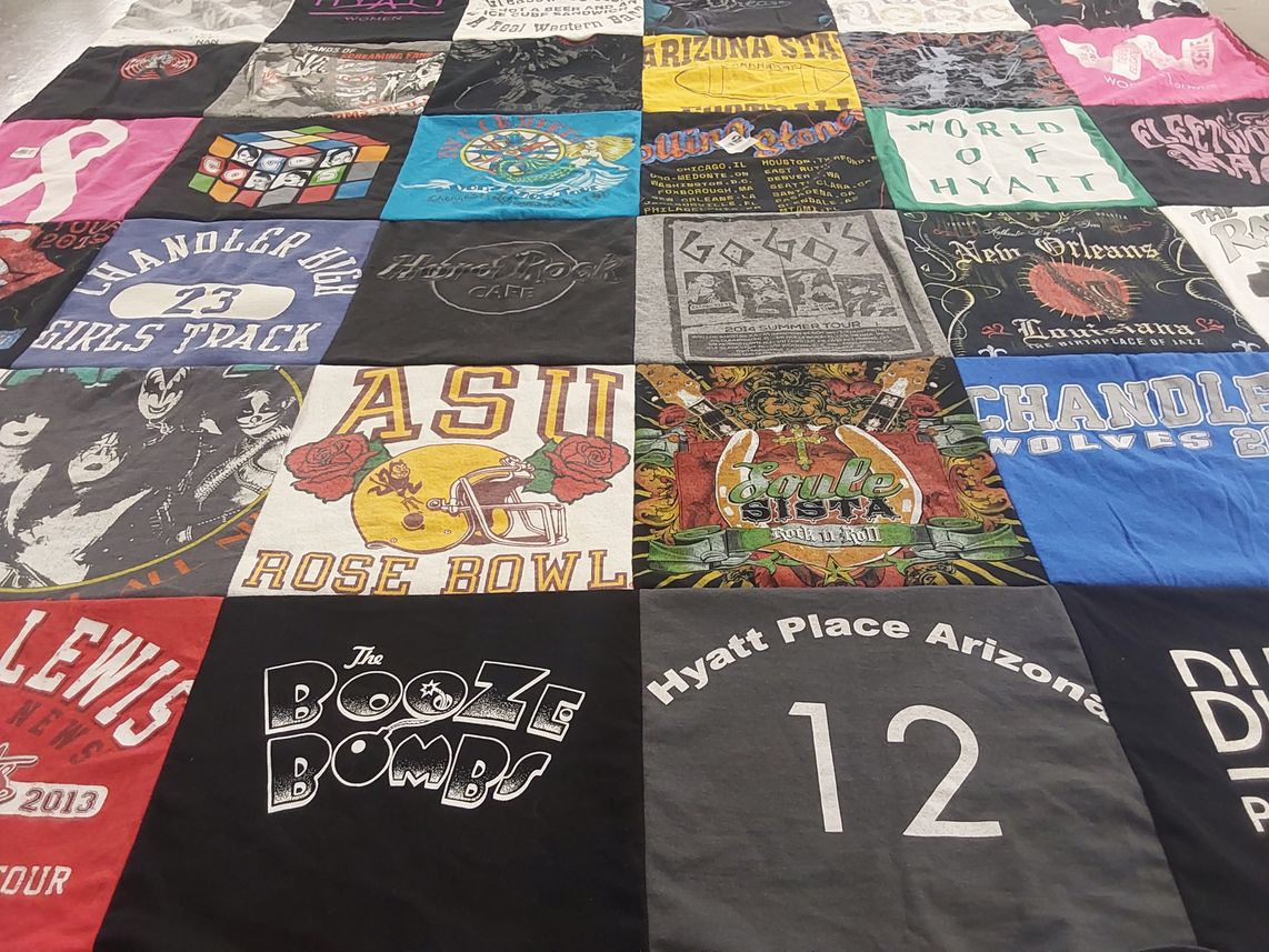 T-shirt quilt from arizona state university, chandler high school by Janet from AZ