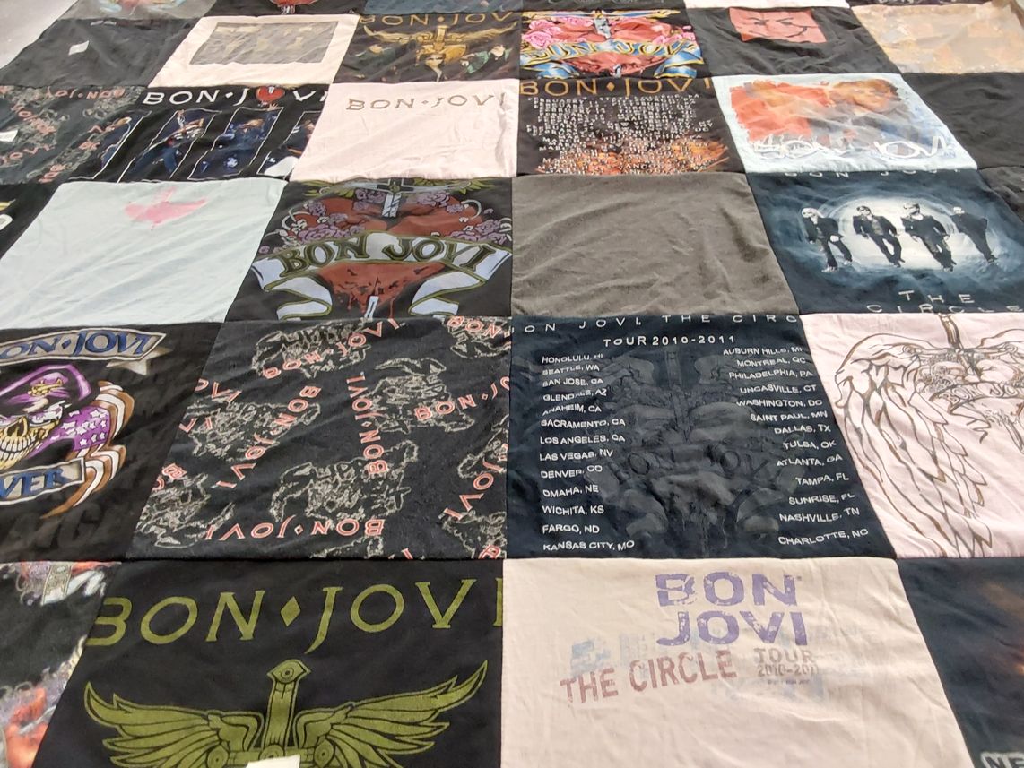 T-shirt quilt with music, rock music themes by Denise from MN