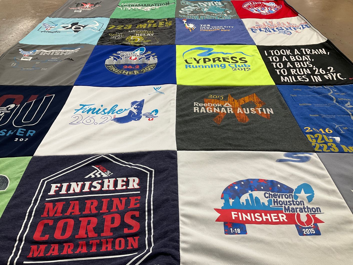 T-shirt quilt with running, marathons themes by Jo from TX