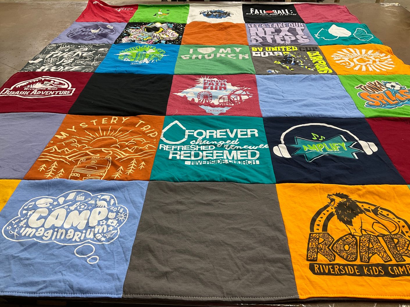 T-shirt quilt with camping, youth ministry themes by Stephanie from MN