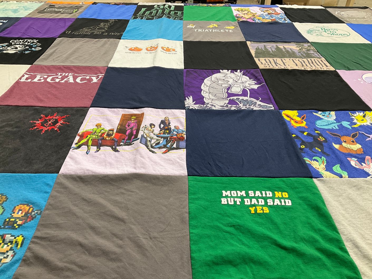 T-shirt quilt with anime, gaming themes by Denee from OR