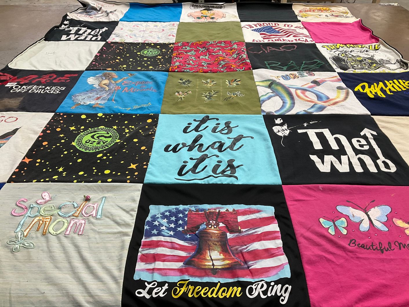 T-shirt quilt with music, patriotism themes by Rachelle from CA